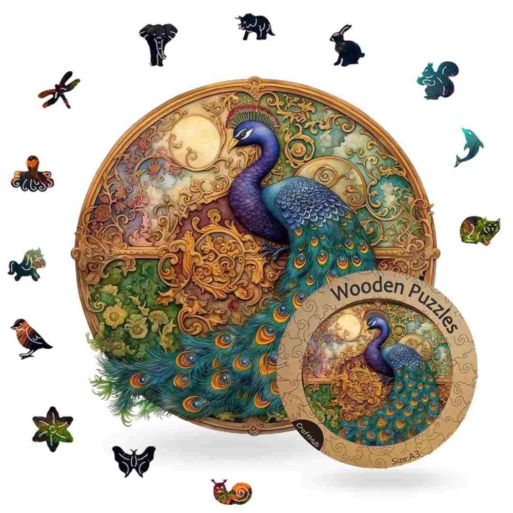 Elegant Peacock Wooden Puzzle - Blue and Gold
